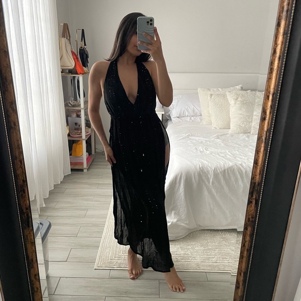 L*Space Black & Gold Criss-Cross Halter Swim Cover up